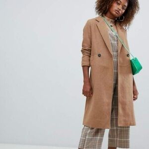 NWT Bershka Women’s Long Line Double Button Single Breasted Car Coat Camel S